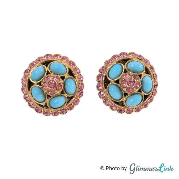 Vintage Pink Rhinestone Blue Cabochon Round Gold Tone Clip On Earrings - Picture 1 of 11